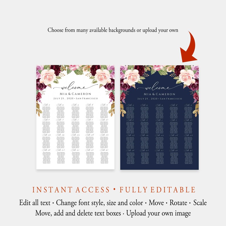 Editable Seating Chart Poster Printable Seating Chart Template Large Seating Plan Editable Wedding Seating Chart Board Templett C29