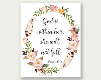 Psalm 46:5, God Is Within Her She Will Not Fall, Bible Verse Print, Bible Verse Art, Bible Nursery Art, Christian Art, Scripture Printable