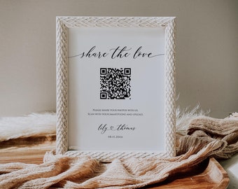 Minimal Share The Love QR Code Sign Template, Photo Sharing Sign, Wedding Hashtag Sign, Photo Sharing App, Social Media Sign, Templett, C82