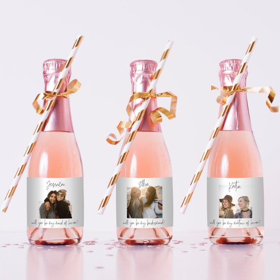 Photo Bridesmaid Proposal Mini Champagne Label, Minimalist Mini Wine Label Template, Editable Wine Label Download Modern, Templett, C67