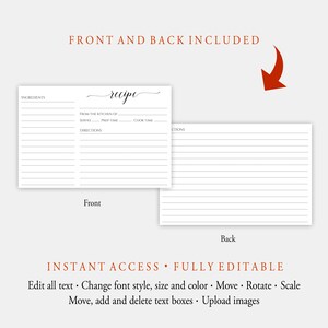 May include: Editable recipe card template with a white background and black text. The front side has a title that says "recipe" and spaces for ingredients, directions, servings, prep time, and cook time. The back side is blank with lines for writing.