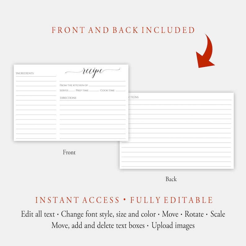 May include: Editable recipe card template with a white background and black text. The front side has a title that says "recipe" and spaces for ingredients, directions, servings, prep time, and cook time. The back side is blank with lines for writing.