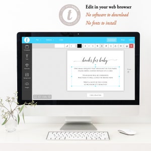 Pu&ograve; includere: Uno schermo di computer che mostra un modello per un biglietto di richiesta per una festa di baby shower. Il biglietto recita "libri per il bambino" e chiede agli ospiti di portare un libro invece di un biglietto. Il testo &egrave; in un font corsivo.
