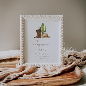 Cowboy Baby Name Ideen Zeichen und Tickets, Wilder Westen Junge Babyparty, Baby Namensvorschläge Vorlage, Rodeo druckbare Karte, Templett, C86
