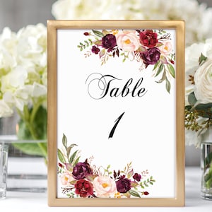 Table numéros 1-40, numéros de table de mariage, cartes numéros de table, Marsala, numéros de table Bourgogne, 4 x 6, numéro imprimable, numéros de table de banquet