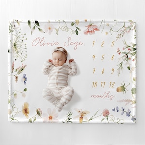 Manta Milestone para niña, manta personalizada con nombre, flores silvestres, regalo para bebé, manta floral para niña, regalo de recuerdo personalizado para baby shower C124