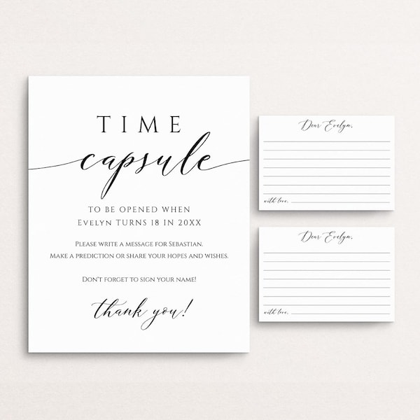 First Birthday Time Capsule, Modern Time Capsule Sign And Cards, Minimalist Baby Shower Time Capsule Template, Baby Wishes, Templett, C82