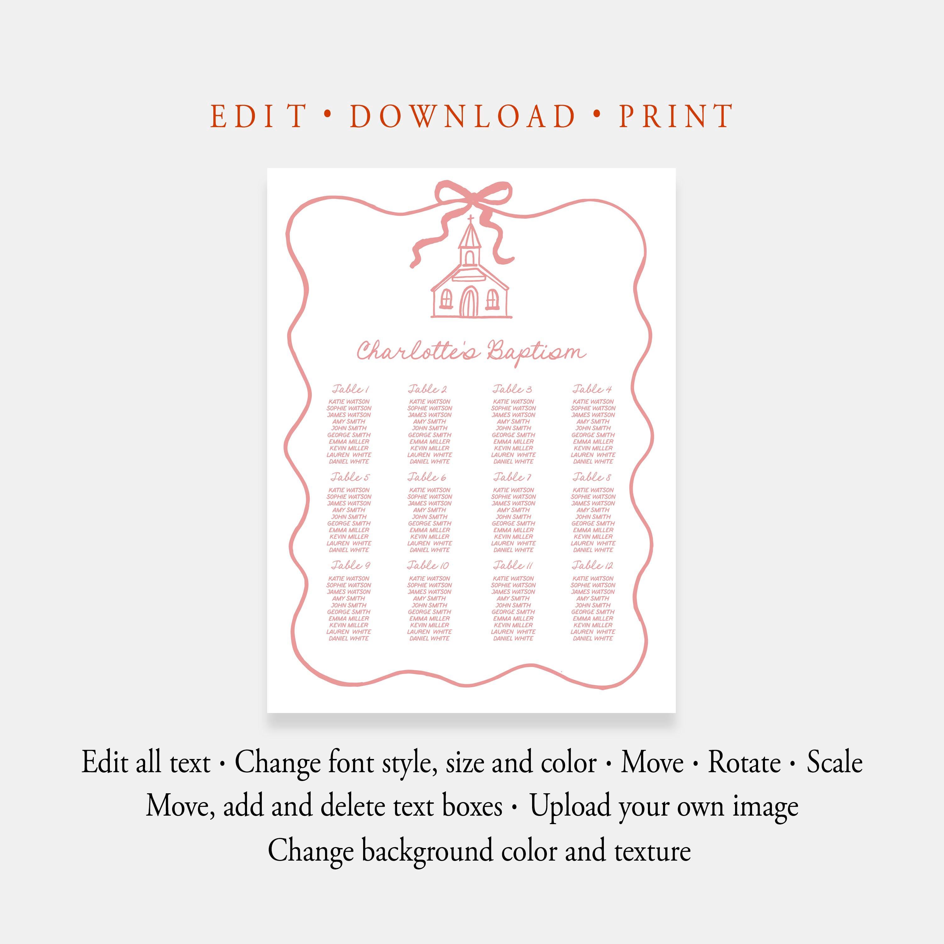 Seating Chart Confirmation Hand Drawn Baptism Seating Chart Boy Editable Template Whimsical ...