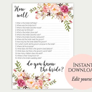 How Well Do You Know The Bride, Editable Game, PDF Template, Bridal Shower Game, Floral Bridal Shower Game, Printable, Instant Download, C1 image 1