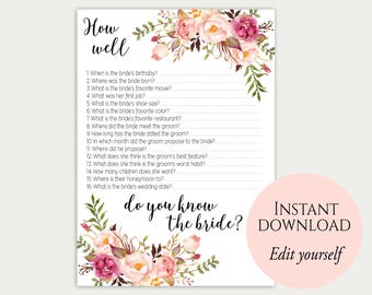 How Well Do You Know The Bride, Editable Game, PDF Template, Bridal Shower Game, Floral Bridal Shower Game, Printable, Instant Download, C1