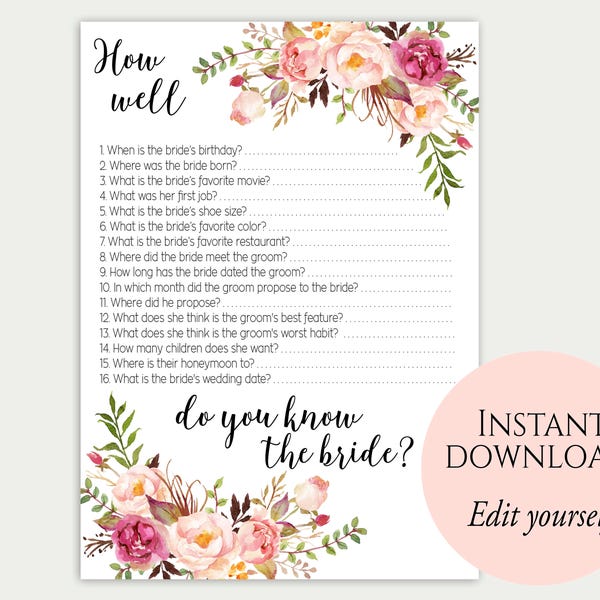 How Well Do You Know The Bride, Editable Game, PDF Template, Bridal Shower Game, Floral Bridal Shower Game, Printable, Instant Download, C1