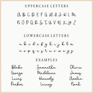 May include: A black script font display featuring uppercase letters A through Z, lowercase letters a through z, and example names including Blake, George, Lucas, Parker, Samantha, Madeleine, Kennedy, Lainey, Olivia, James, Amelia, and Noah.
