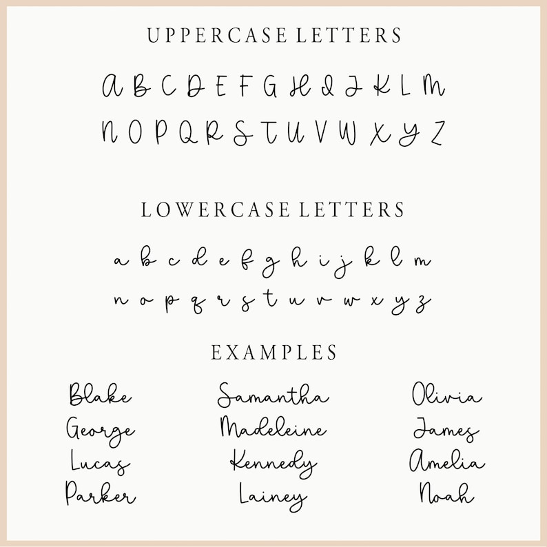 May include: A black script font display featuring uppercase letters A through Z, lowercase letters a through z, and example names including Blake, George, Lucas, Parker, Samantha, Madeleine, Kennedy, Lainey, Olivia, James, Amelia, and Noah.
