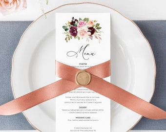 Wedding Menu Template, 100% Editable Wedding Menu Cards, Roses Menu Cards, Printable Menu Card Template, Instant Download, Templett C29