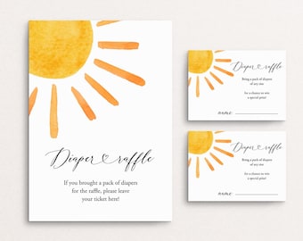 Boho Sunshine Diaper Raffle Card Insert, Sun Diaper Raffle Ticket, Here Comes The Sun Diaper Sign, Baby Shower Diaper Game, Templett, C87