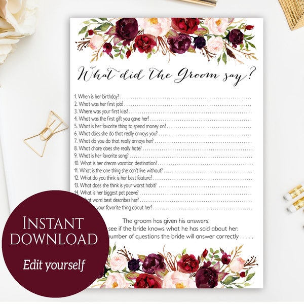 What Did The Groom Say, Edit Yourself, Editable Bridal Shower Games, What Did He Say About His Bride, Marsala, Bachelorette Party Game