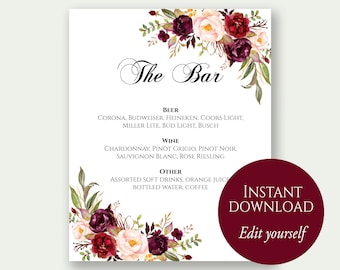 Bar Menu Sign, The Bar Sign, Bar Menu Printable, Drinks Sign, Bar Menu Template, Editable Drinks Sign, Editable Bar Menu, Marsala Wedding