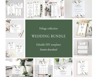 Foliage Wedding Bundle, Editable Wedding Bundle Template, Printable Greenery Wedding Invitation Suite, Wedding Essentials, Templett, C41