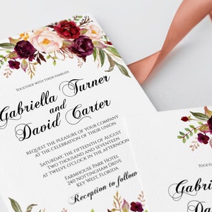 Printable Wedding Invitation, Marsala Wedding Invitation, Editable Wedding Invite, Instant Download, Invite Printable, Editable Template image 2