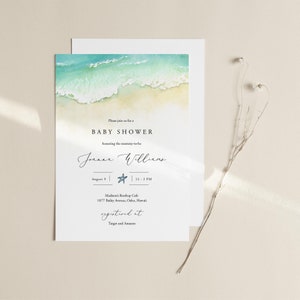 Seashore Baby Shower Invitation Template Download, Editable Beach Baby Shower Invite Ocean, Printable Beach DIY Invite Sand, Templett, C56