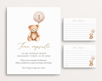 Bear First Birthday Time Capsule Teddy Bear Baby Shower Time Capsule Sign And Cards Balloon Time Capsule Template Baby Wishes Templett C109