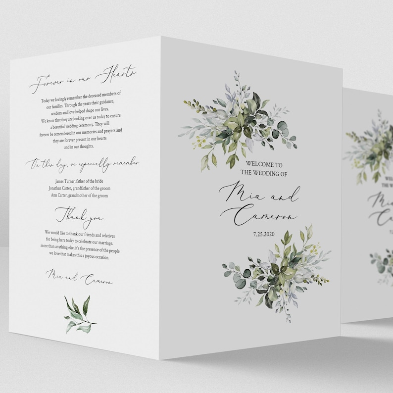 May include: A wedding program with a watercolor floral design in shades of green and blue. The text reads "Forever in our hearts" and "Welcome to the wedding of Mia and Cameron 7.25.2020".