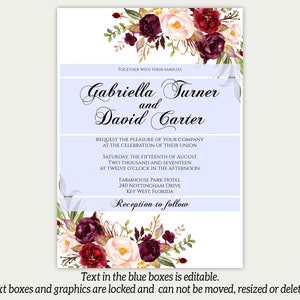 Printable Wedding Invitation, Marsala Wedding Invitation, Editable Wedding Invite, Instant Download, Invite Printable, Editable Template image 3