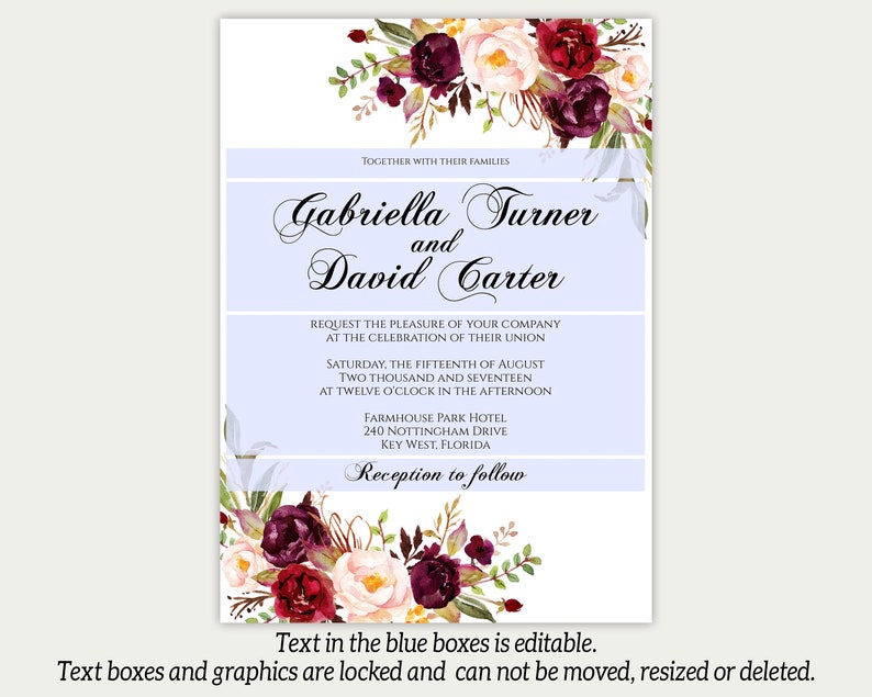 Printable Wedding Invitation, Marsala Wedding Invitation, Editable Wedding Invite, Instant Download, Invite Printable, Editable Template image 3