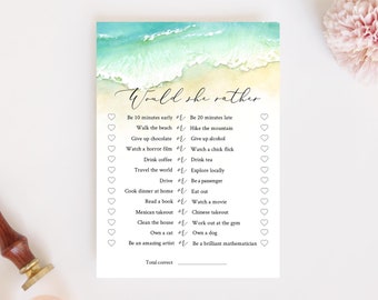 Seashore Would She Rather Game, Printable Bridal Shower Game, Editable Shower Activity, Beach Wedding Shower Game Template, Templett, C56