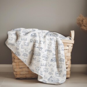 May include: A cream-colored blanket featuring a repeating dark blue line-art pattern of farm animals, tractors, barns, and trees. The center of the blanket displays the personalized text "BAILEY RAY" in a combination of block and script fonts.