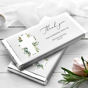 Chocolate Wrapper Template, Editable Boy Baptism Favor, Greenery Christening Chocolate Bar Wrapper Communion Candy Bar Wrapper Templett C51