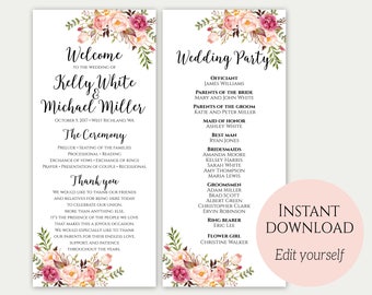 Wedding Program, Ceremony Program, Wedding Program Template, Printable Wedding Programs, Floral Wedding Program, PDF Download, Editable, C1