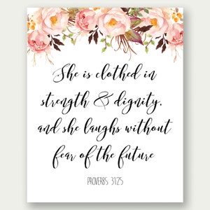 Proverbs 31:25, She Is Clothed In Strength And Dignity, Bible Verse Printable, Calligraphy Verse, Scripture Printable, Christian Printable image 1