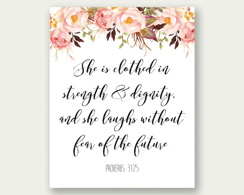 Proverbs 31:25, She Is Clothed In Strength And Dignity, Bible Verse Printable, Calligraphy Verse, Scripture Printable, Christian Printable image 1