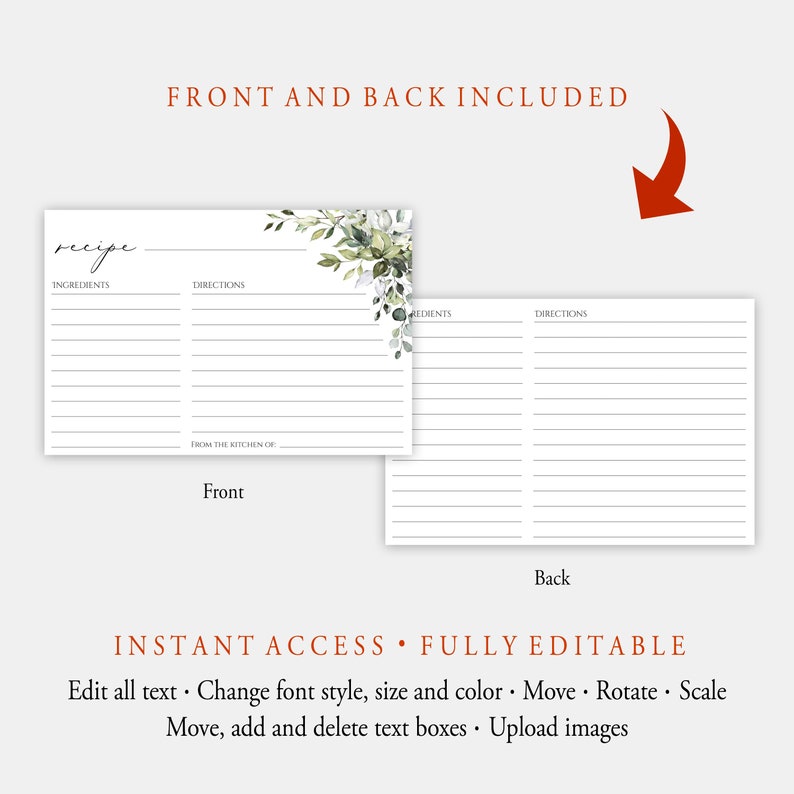 May include: Editable recipe card template with a watercolor floral design. The front features the word "recipe" and sections for ingredients and directions. The back has blank sections for ingredients and directions. The text "From the kitchen of" is included on the front.