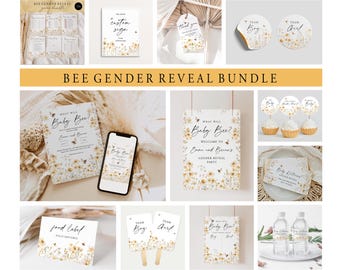 LARGE Gender Reveal Bundle What Will Baby Bee Template Set Honey Bee Game Set Floral Invitation Large Kit Wildflower Editable Templett C108