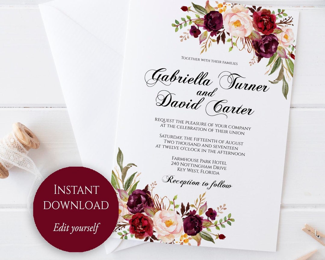 Printable Wedding Invitation, Marsala Wedding Invitation, Editable Wedding Invite, Instant ...