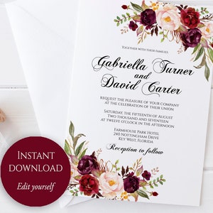 Printable Wedding Invitation, Marsala Wedding Invitation, Editable Wedding Invite, Instant Download, Invite Printable, Editable Template image 1