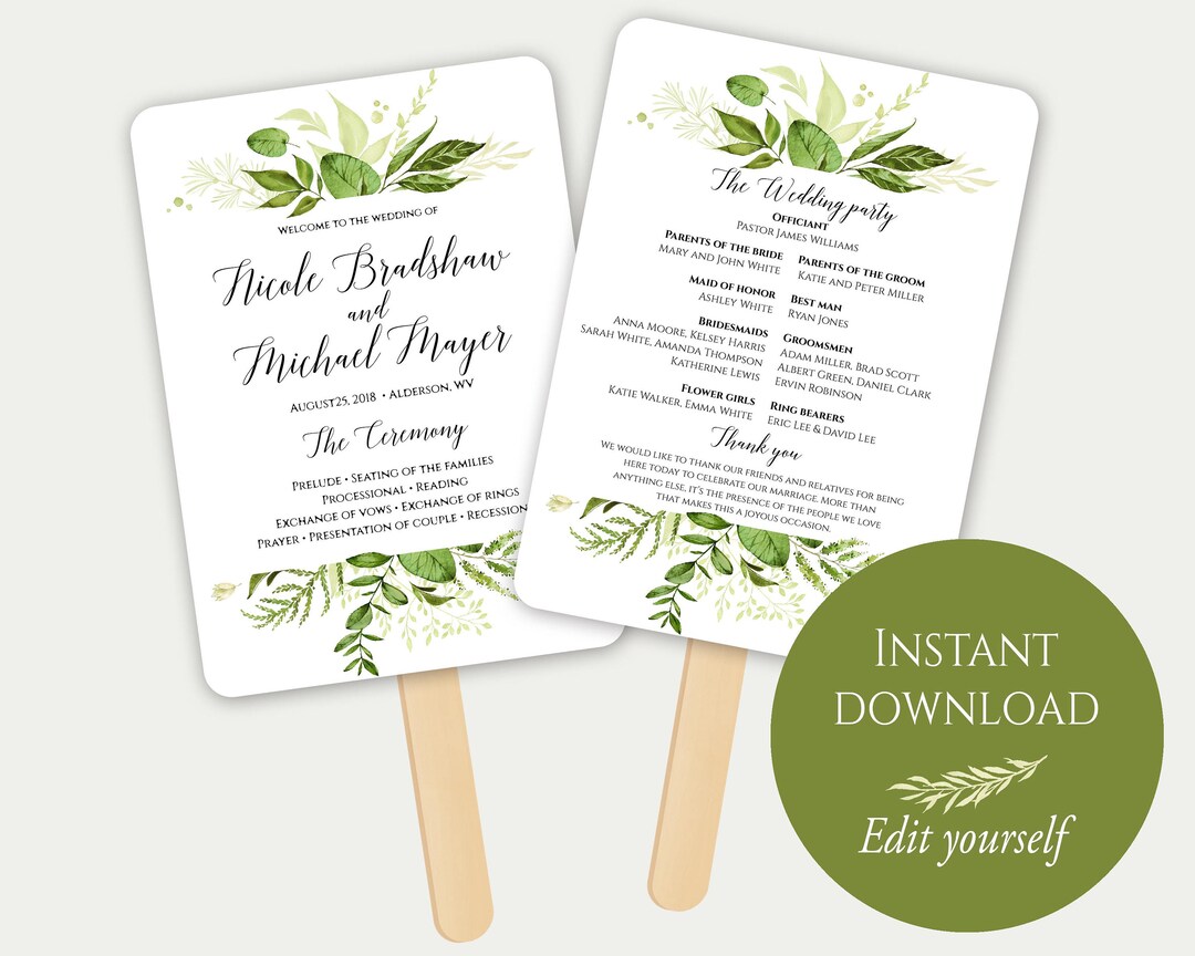 Fan Wedding Program Fan Program Template Editable Program - Etsy