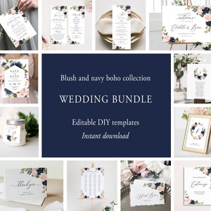 Blush And Navy Wedding Bundle, Editable Wedding Bundle Template, Printable Boho Wedding Invitation Suite, Essential Templates, Templett C24