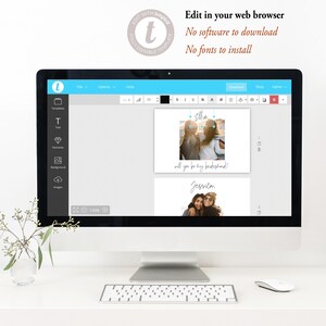 Peut inclure: Un &eacute;cran d'ordinateur affichant un site Web avec un fond bleu clair. Le site Web a un menu sur le c&ocirc;t&eacute; gauche avec des options pour les mod&egrave;les, le texte, les &eacute;l&eacute;ments, l'arri&egrave;re-plan et les images. La partie principale de l'&eacute;cran affiche deux cartes blanches avec des photos de deux femmes sur chaque carte. Le texte sur les cartes dit "Ellie, veux-tu &ecirc;tre ma demoiselle d'honneur ?" et "Jessila."
