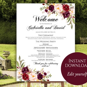 Wedding Program Poster, Large Wedding Program, Wedding Poster, Ceremony Program, Wedding Program Template, Marsala, Editable Program Board