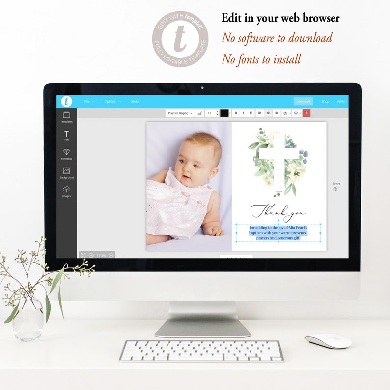 May include: A digital template for a baptism thank you card with a photo of a baby in a white dress and a green and white floral cross design. The text on the card reads "Thank you for adding to the joy of Mia Peart's baptism with your warm presence, prayers and generous gift."