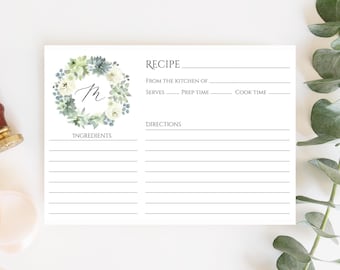 Monogram Recipe Card Template, Fully Editable Personalized Succulent Recipe Card, Bridal Shower Initial Recipe Card Printable, Templett C15