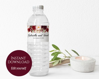 Wedding Water Bottle Labels, Editable Water Bottle Template, Personalized Water Bottle Label, Printable Water Bottle Label, Marsala, PDF
