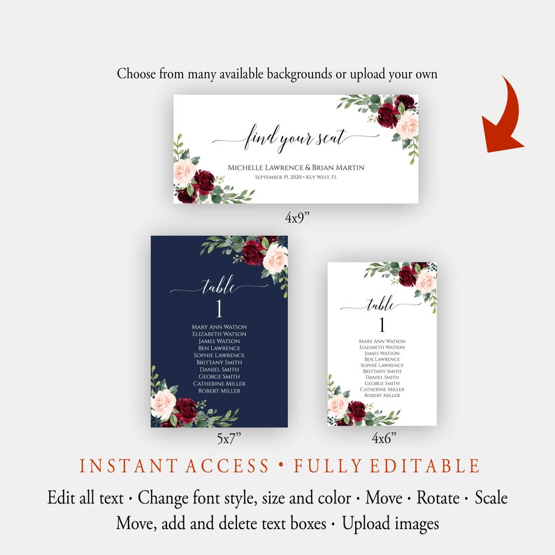 May include: Editable wedding table number template with a navy blue background, burgundy and blush floral design, and the text "table 1". The template is available in two sizes: 5x7 inches and 4x6 inches.