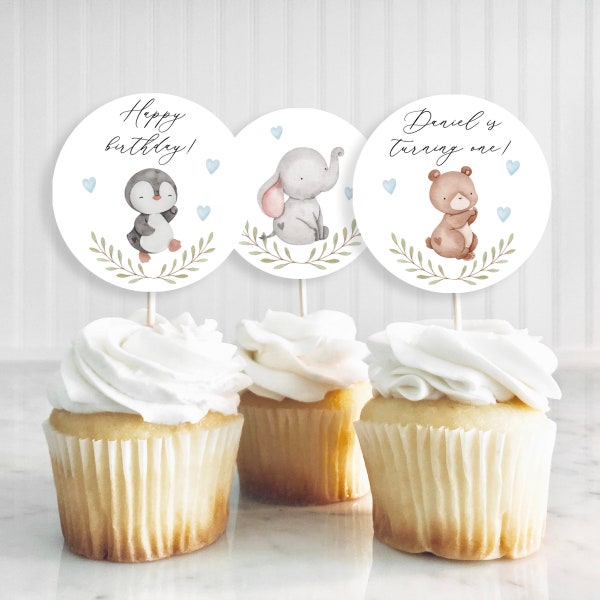 Animal Cupcake Topper Template, Editable Elephant Party Decoration, Printable Boy Birthday Cupcake Toppers, Bear, Penguin, Templett, C72