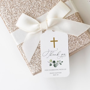 Greenery Taufe Danke-Tag-Vorlage, sofortiger Download, 100% bearbeitbarer Text, druckbares Taufe-Tag, Kreuz-Taufe-Tag-Junge, Templett C22