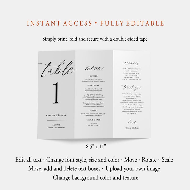 Modern Tri-fold Table Number Template, Instant Download, Editable Tri ...