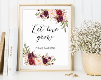 Let Love Grow, Wedding Favor Sign, Please Take One, Seed Favor Sign, Succulent Favor Sign, Favors Please Take One, Marsala Wedding Decor